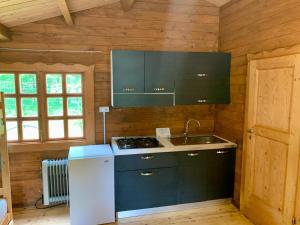 a kitchen with a stove and a sink in a cabin at Campeggio Cianabie in Sampeyre