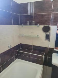 a bathroom with a shower with wooden walls and a sink at Szófia Vendégház in Kerekegyháza +8 photos