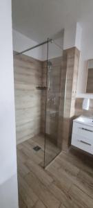 a bathroom with a shower with a glass door at Apartament Nova Kamienica 1 in Łagów