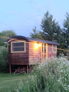 a tiny house in the middle of a field at Glamping Casetta sul lago in Albairate
