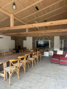 a large room with a long table and chairs at Muntele cu dor in Crevileşti +34 photos
