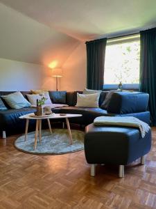 a living room with a blue couch and a table at Charmante Stadtwohnung mit Blick ins Grüne in Lübeck