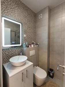 a bathroom with a sink and a toilet and a mirror at Apartman 7 Ladies in Banja Luka