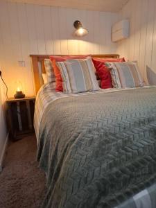 a bedroom with a large bed with red pillows at Luxury Shepherd's Hut - The Hyde in Reading