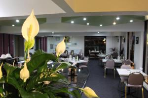 a restaurant with tables and a plant in the foreground at Golden West Motor Inn in Dubbo
