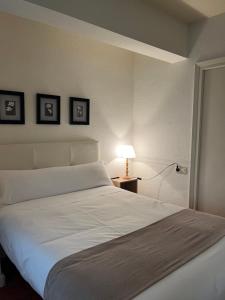 a bedroom with a large white bed and a lamp at Apartamentos Ubaga in Ezcaray