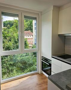 a kitchen with a large window with a view at TOP - Ljubljana's Central Gem - free public parking in Ljubljana