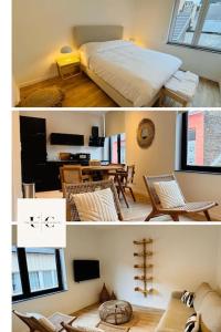 - deux photos d'une chambre avec un lit et d'un salon dans l'établissement Urbanchic Appartement Chill 3B, à Liège