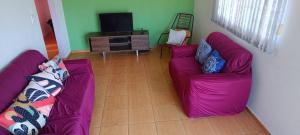 a living room with two purple couches and a tv at hospedagem simples in Arapongas