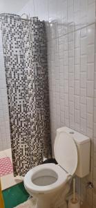 un bagno con un water e una tenda da doccia di Casa da Lia a Lençóis Altre 6 foto