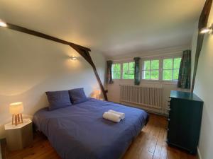 a bedroom with a blue bed and two windows at La Demeure du Domaine de Tertu, 12p, PISCINE in Villedieu-lès-Bailleul +46 photos
