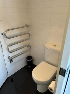 a bathroom with a white toilet and towel racks at Museum Apartment in Wellington +22 photos