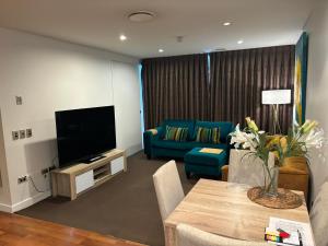 a living room with a television and a couch at Museum Apartment in Wellington