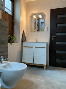 a bathroom with a white sink and a mirror at Apartament Nowy Targ in Nowy Targ