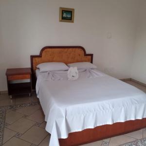 a bed with a stuffed animal sitting on top of it at Pousada 4Estações- Caldas Novas in Caldas Novas