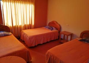 a bedroom with two beds and a window with curtains at Olas del Titicaca Backpackers Hostel in Copacabana