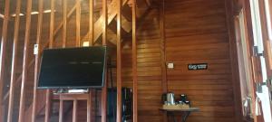 a television in a room with a wooden wall at Villa Kayu Unique with private pool in Babagan