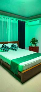 a bedroom with a large bed with green walls at Pacifico's Hostel in Barili +11 photos