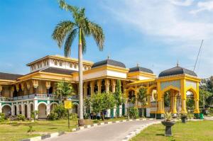 a large yellow building with a palm tree in front of it at Hermes Palace Hotel Medan in Medan
