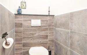 Un baño con inodoro y una pared de azulejos. en Huisje 4, en Grashoek