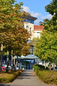 a tree lined sidewalk in front of a building at Parkhotel Weiskirchen in Weiskirchen