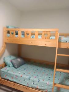 een stapelbed met een groene matras en een ladder bij SS Homestay in Kota Kinabalu