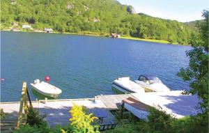 two boats are docked at a dock on a lake at Holiday Home Lyngdal Lindelia in Osestad