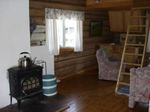 a living room with a stove and a window at Hytte på fjellet, med mange turmuligheter ! in Gol