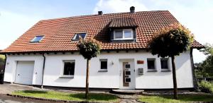 a white house with two palm trees in front of it at Artgerecht Naturverliebt in Bad Berleburg