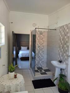 a bathroom with a shower and a sink and a bed at The Calm Views Holiday Home in Hazyview +48 photos
