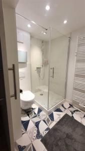 a bathroom with a shower and a toilet at Ein Traum im Herzen der Altstadt in Wetzlar