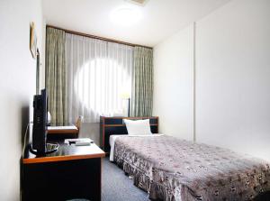 une chambre d'hôtel avec un lit et un bureau avec une télévision dans l'établissement Hotel Sports Palko, à Gifu
