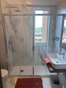 a bathroom with a shower and a sink at Appartamento Minerva - Lesa in Lesa +25 photos
