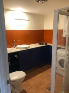 a bathroom with a toilet and a sink and a washing machine at Top-floor, 3-bedroom apartment-close to CBD & ANU in Canberra +8 photos
