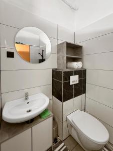 a bathroom with a sink and a toilet and a mirror at feworld - city center apartment Villach in Villach
