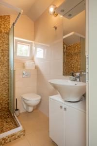 a bathroom with a sink and a toilet and a shower at Villas Sole in Bol