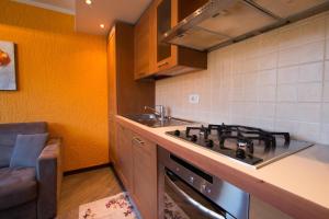 a kitchen with a stove top oven next to a counter at Ariete Apartments in Livigno