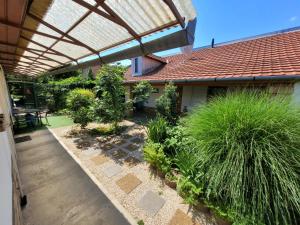 an outdoor patio with a pergola and plants at Mandula Apartman in Szeged