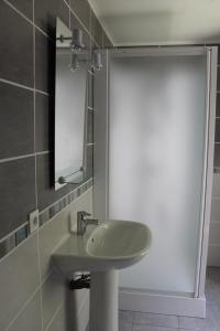 W łazience znajduje się zielona umywalka i lustro. w obiekcie Retour Aux Sources w mieście Meyras