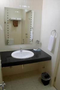 a bathroom with a sink and a large mirror at Peace Inn Chennai in Chennai