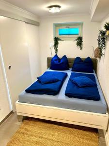 a bedroom with two blue pillows on a bed at Ferienwohnung direkt am Bodensee / Untersee nahe Konstanz in Berlingen