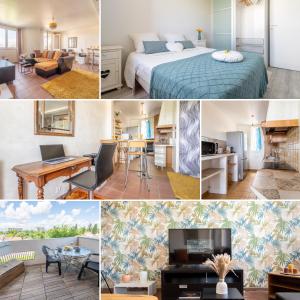 a collage of photos of a bedroom and a living room at Le Bohème de Montreuil 13 minutes Paris in Montreuil