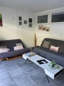 ein Wohnzimmer mit zwei Sofas und einem Couchtisch in der Unterkunft Landes Appart in Labenne