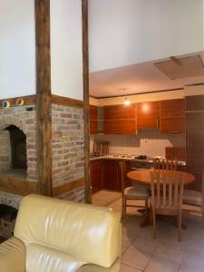 a kitchen with a couch and a table with a fireplace at Vila Dina in Sarajevo