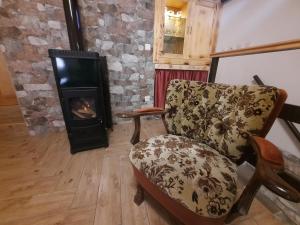 a living room with a chair and a wood stove at Apartment Bike in Žminj