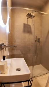 a bathroom with a shower and a white sink at Hotel Tritone in Trieste