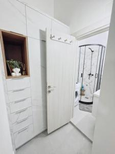 a white bathroom with a shower and a white door at Apartman DE LUX RADIVOJEVIĆ in Sutomore +66 photos