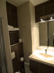 uma casa de banho com um lavatório e um espelho em Hôtel Garabel em Plaisir