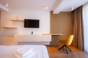a bedroom with a bed and a desk and a tv at YRYS House - Adults Only in Eşelniţa