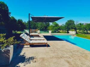 a group of lounge chairs and an umbrella next to a swimming pool at Quinta Escondida da Avessadas in Avessadas